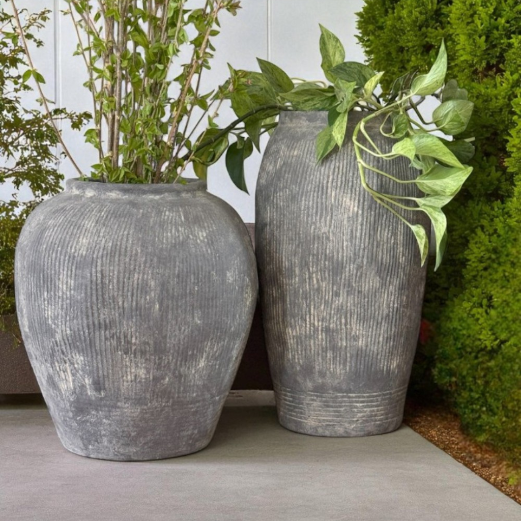 Pompeii Colossus, Fiber Clay Vessel in Aged Gray, Weathered Black or Burnt Sienna, 11"D x 20"H