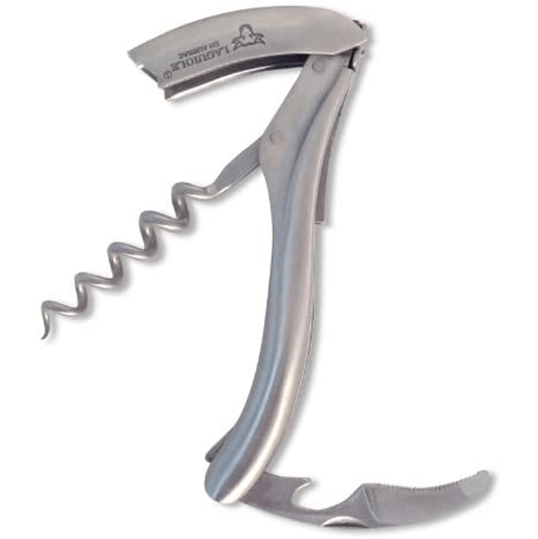 Brushed stainless corkscrew with lever and spiral opened out