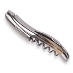 Horn handled corkscrew angled to show the engraved blade and polished bolster