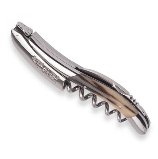 Horn handled corkscrew angled to show the engraved blade and polished bolster