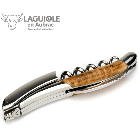 Maple handled corkscrew angled beside the Laguiole en Aubrac logo
