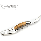 Corkscrew with foil cutter extended next to the Laguiole en Aubrac logo