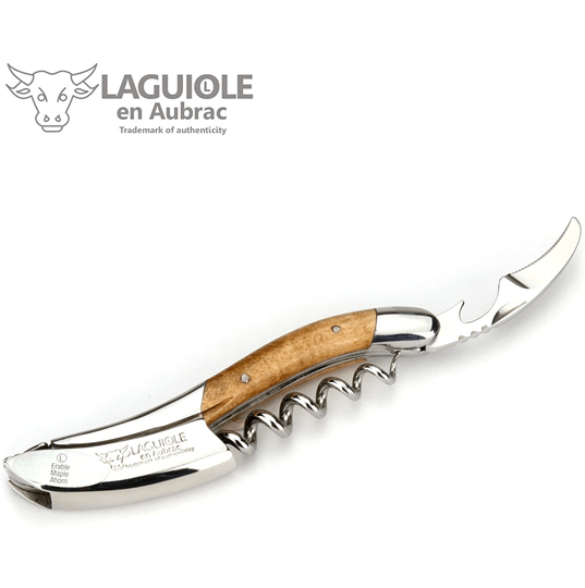 Corkscrew with foil cutter extended next to the Laguiole en Aubrac logo