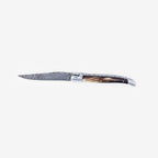 Laguiole Balbach Damascus horn knife open on a pale background
