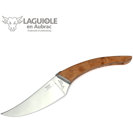 Cheese knife with golden juniper handle and curved blade