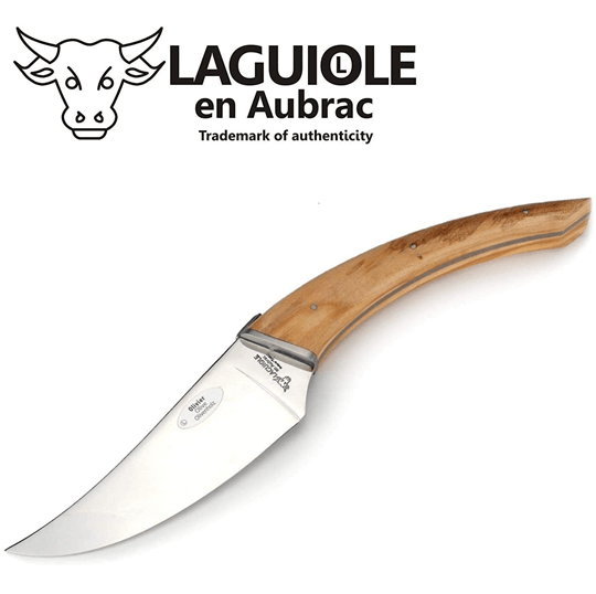 Le Buron cheese knife with pale wood handle beside the Laguiole en Aubrac logo