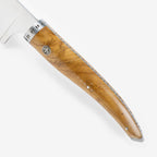 Close view of the teak grain, rivet and bolster
