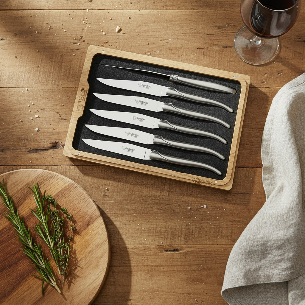 Boxed steel steak knives on a wood table with rosemary, a linen towel and red wine