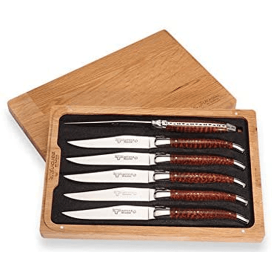 Open wooden box with the lid tilted back, showing six red-brown handles