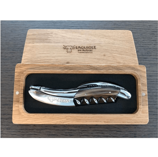 Horn handled corkscrew inside its open French oak gift box