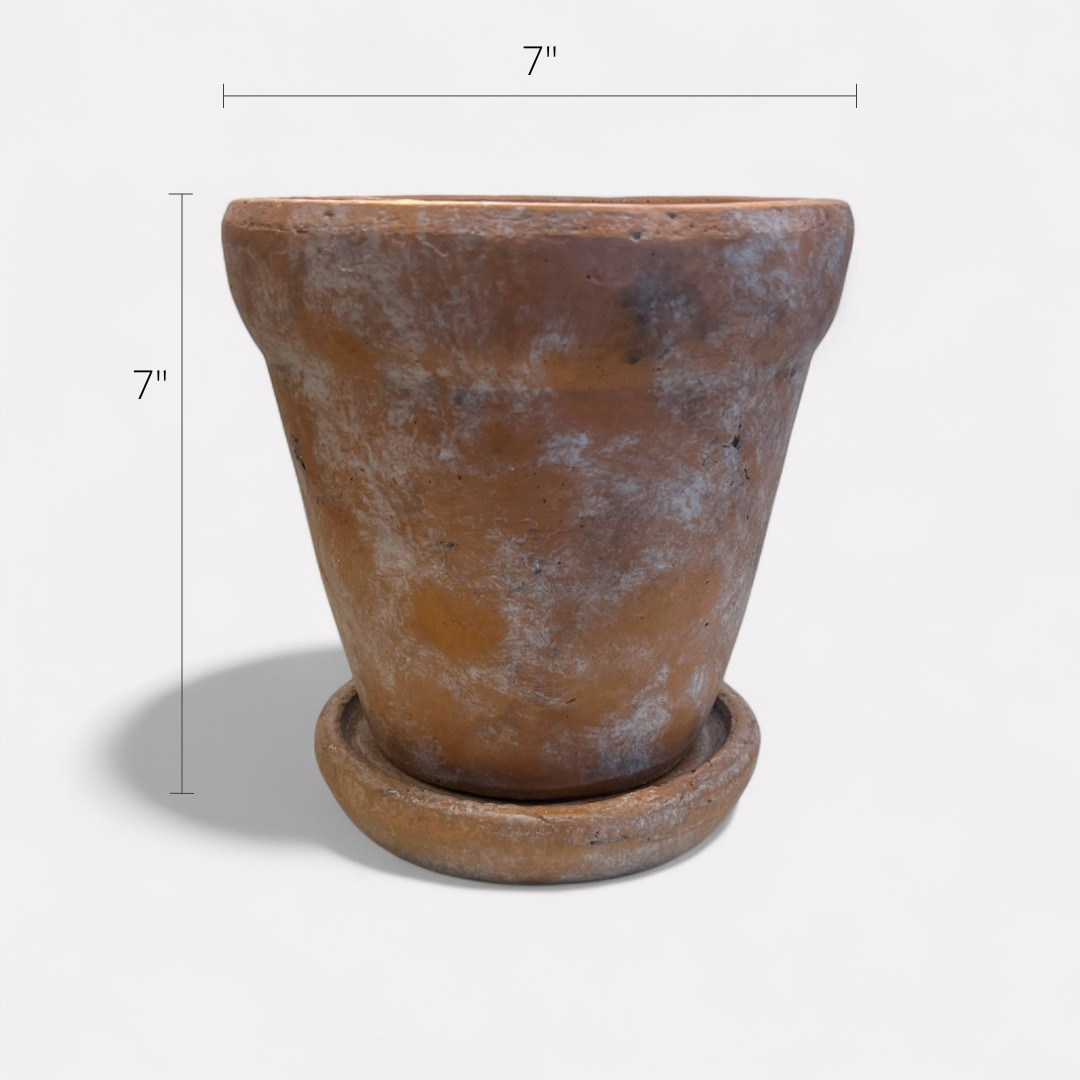 Venice Cement Planter with Dish and Drainage Hole, Handcrafted in Aged Terracotta, Large & Medium