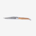Laguiole Balbach Damascus olive wood knife open on a pale background