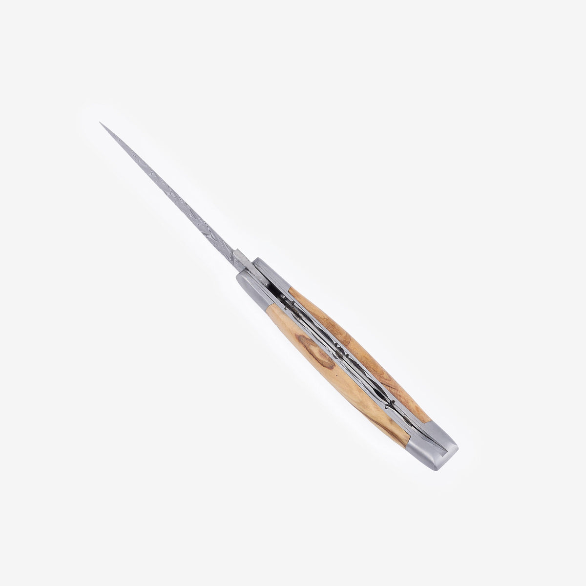 Open knife lying diagonally showing the olive wood and filed plates