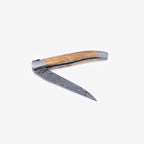 Knife half open with the Damascus blade pointing down