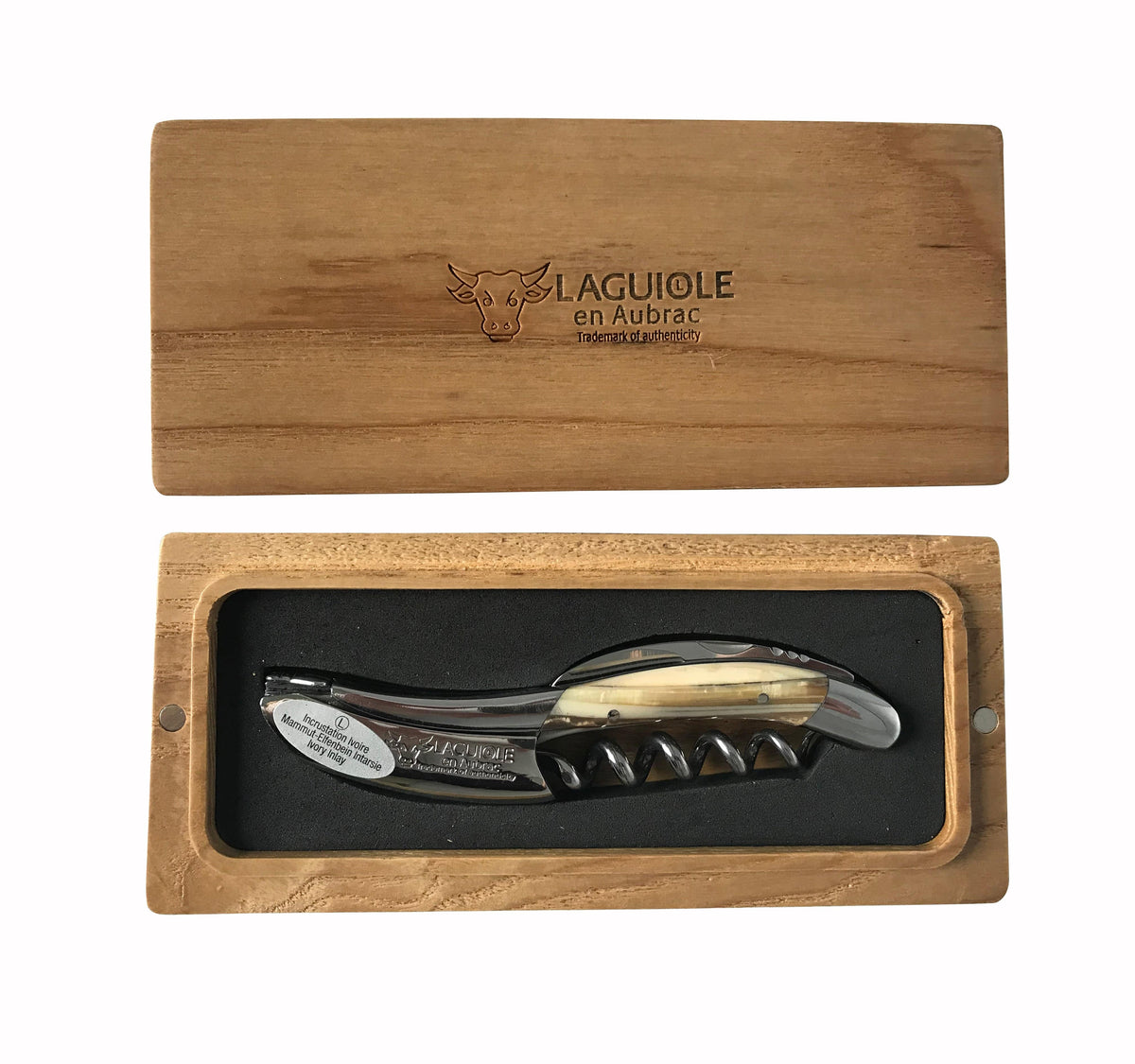Corkscrew with cream and dark handle in an open French oak gift box