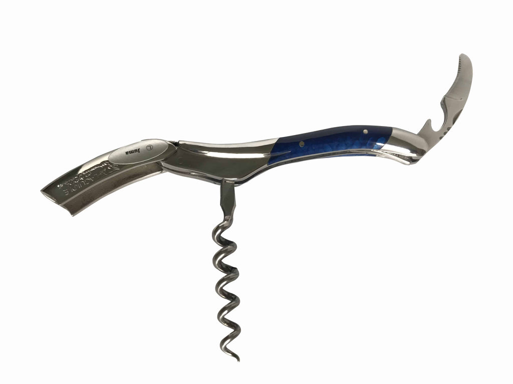 Opened corkscrew with the spiral down and foil cutter raised