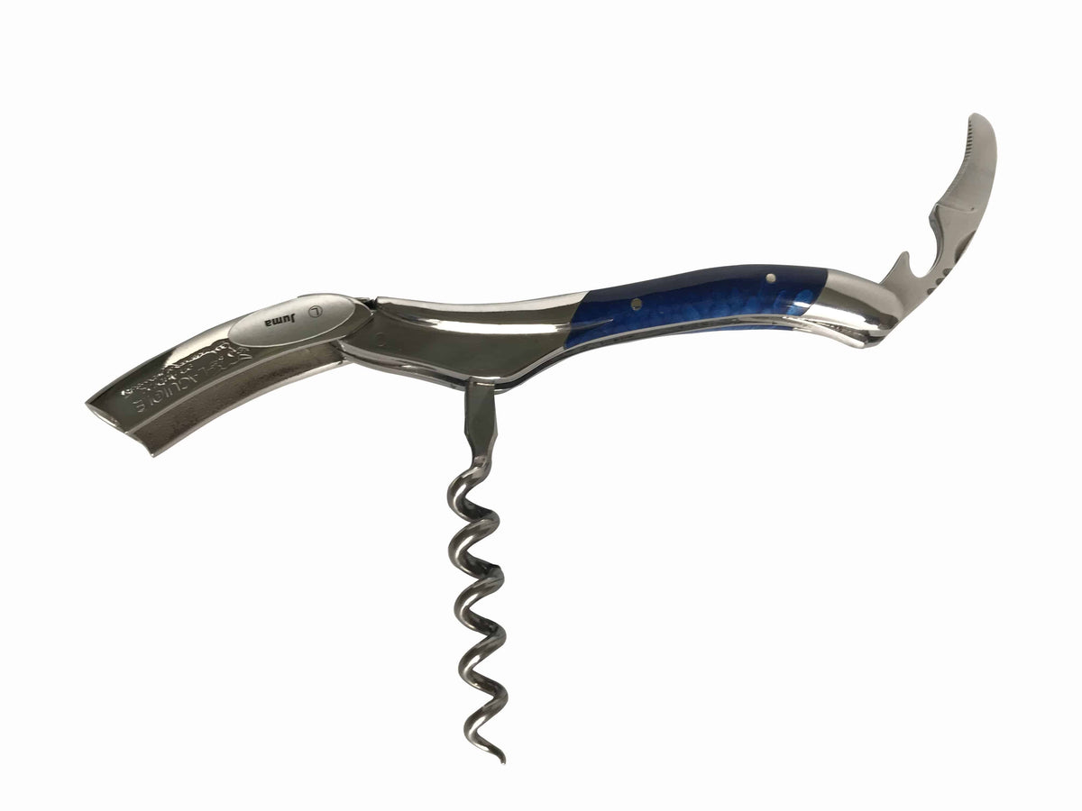 Opened corkscrew with the spiral down and foil cutter raised
