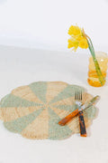 Pinwheel Blue Placemat, raffia tabletop
