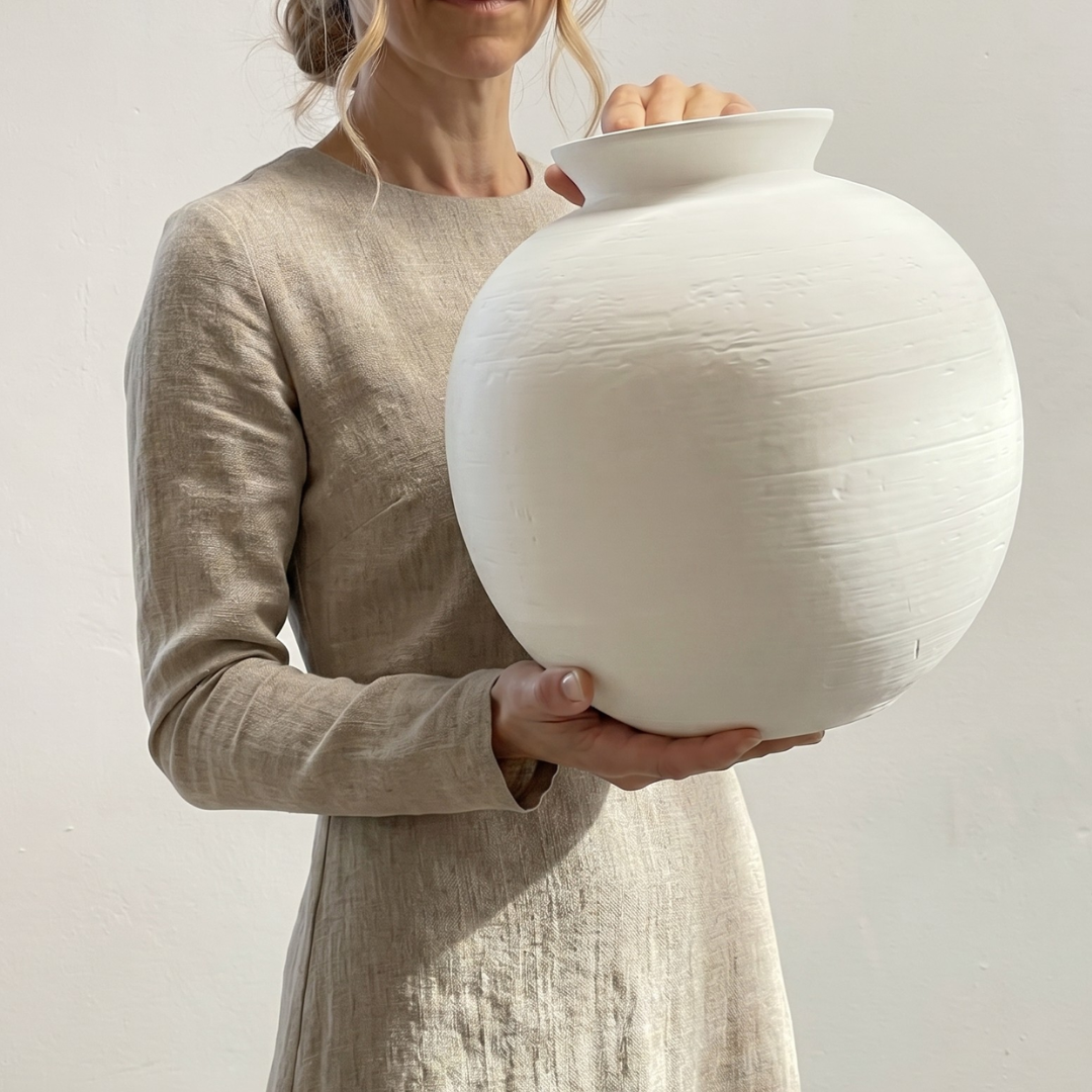 Relic, Terracotta Vessel, Hand-painted in Linen White, 10.2"D x 10.6"H