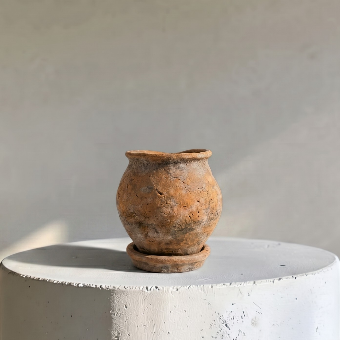 Odyssey Planter with Dish and Drainage Hole, Cement Pot in Weathered Black, 6"D x 6.5"H