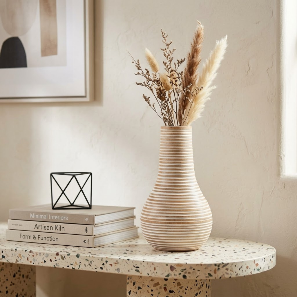 White Striped Kiln Mango Wood Bulb Vase