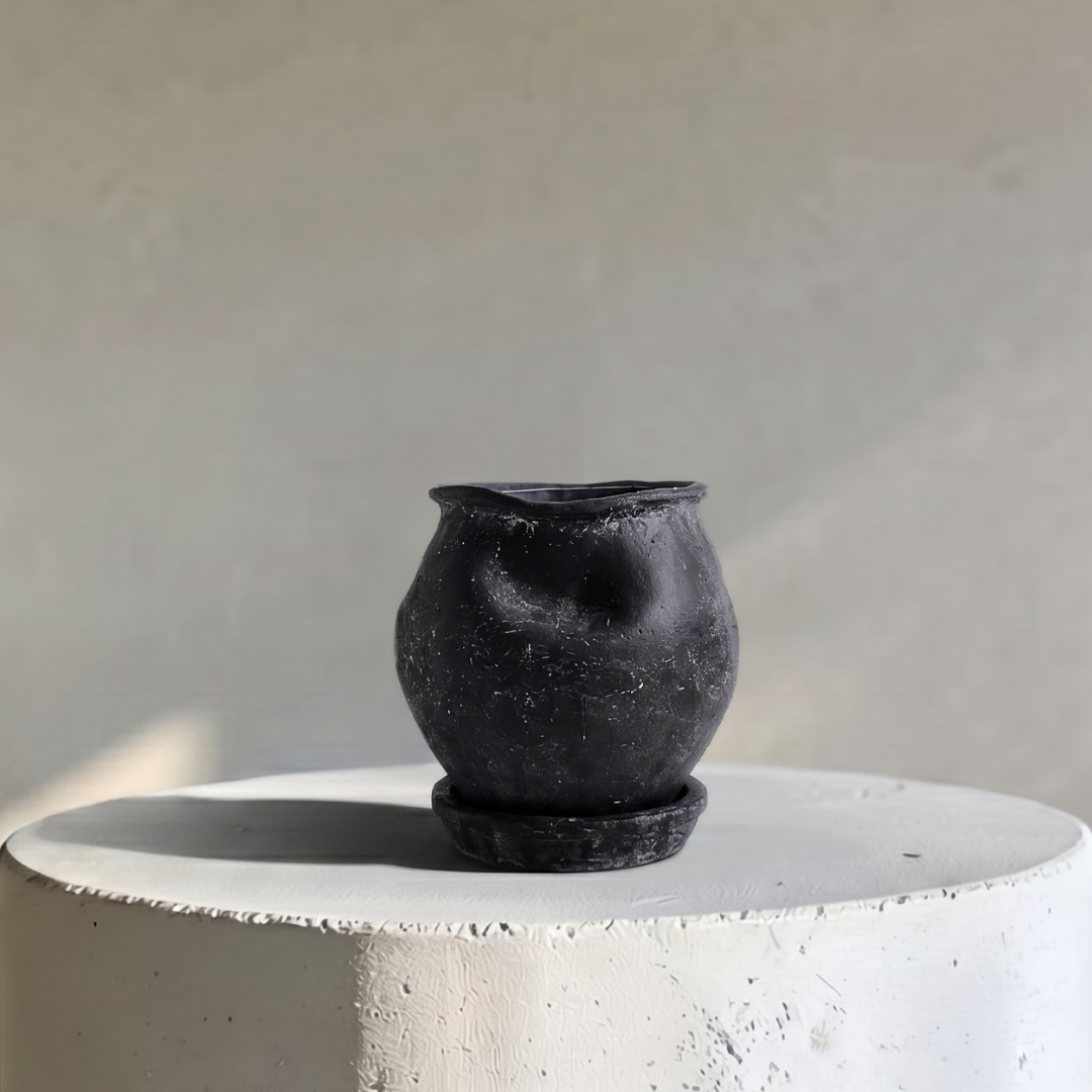 Odyssey Planter with Dish and Drainage Hole, Cement Pot, 6"D x 6.5"H