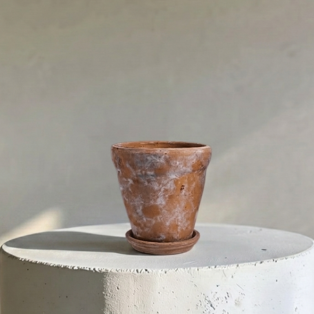 Venice Cement Planter with Dish and Drainage Hole, Handcrafted in Aged Terracotta, Medium & Large