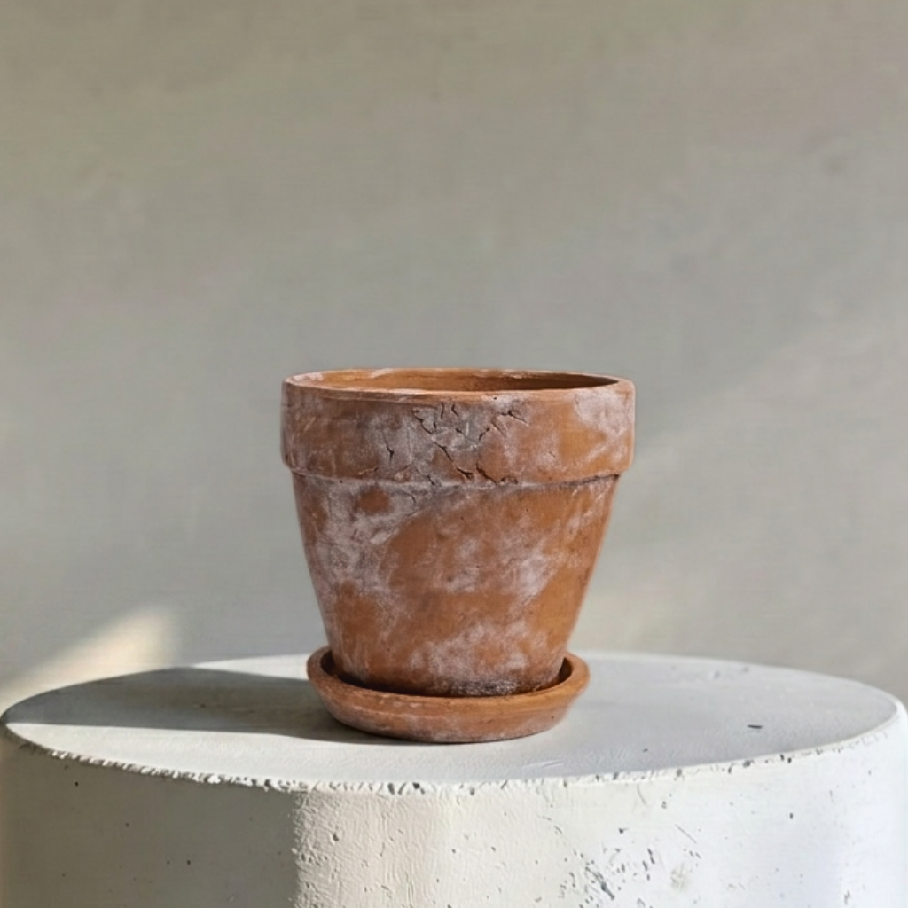 Venice Cement Planter with Dish and Drainage Hole, Handcrafted in Aged Terracotta, Medium & Large