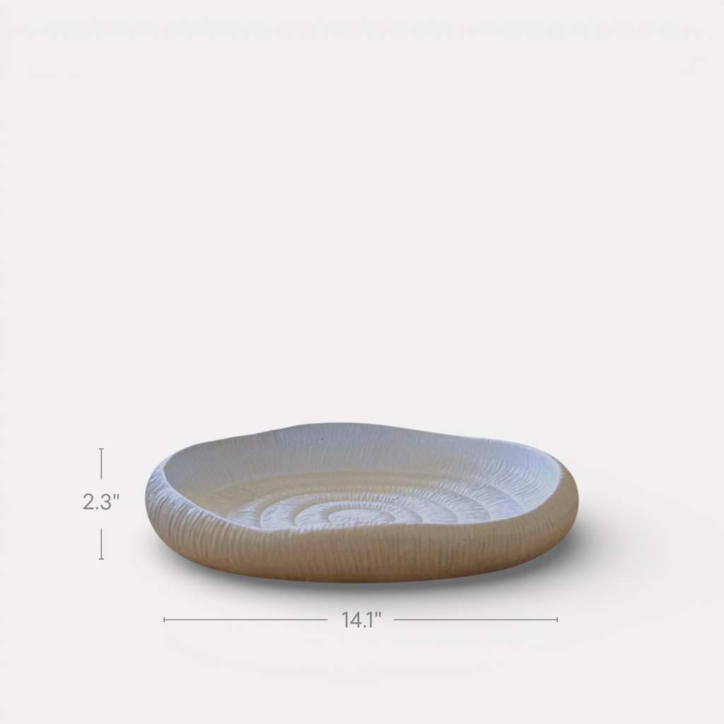 Zephyr Serving Tray, Artisan Cement Display Piece, Hand-painted in Linen White, 14.1"D x 2.3"H