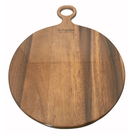 Round wooden pizza board with a ring handle