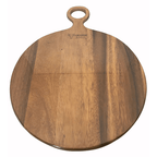Round wooden pizza board with a ring handle