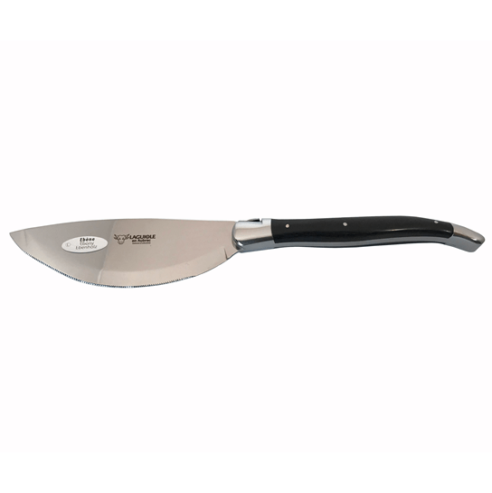 Pizza cutter with wide curved blade and black ebony handle