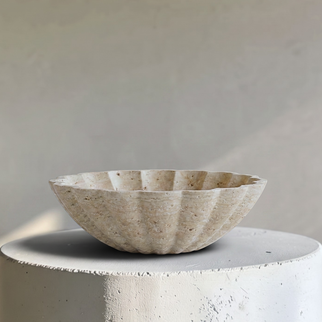 Crescendo Large Beige Travertine Bowl with Scalloped-edge Detail