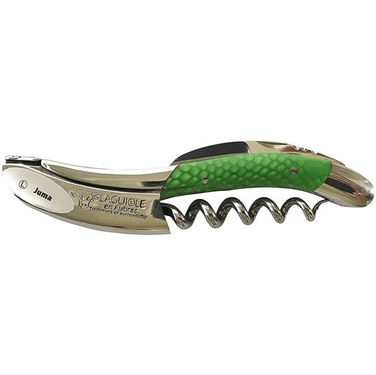 Laguiole Juma green corkscrew with bright green handle on a white background