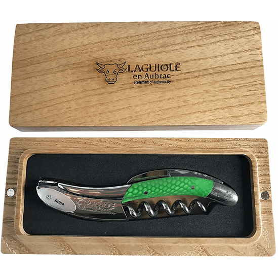 Green handled corkscrew in an open French oak gift box
