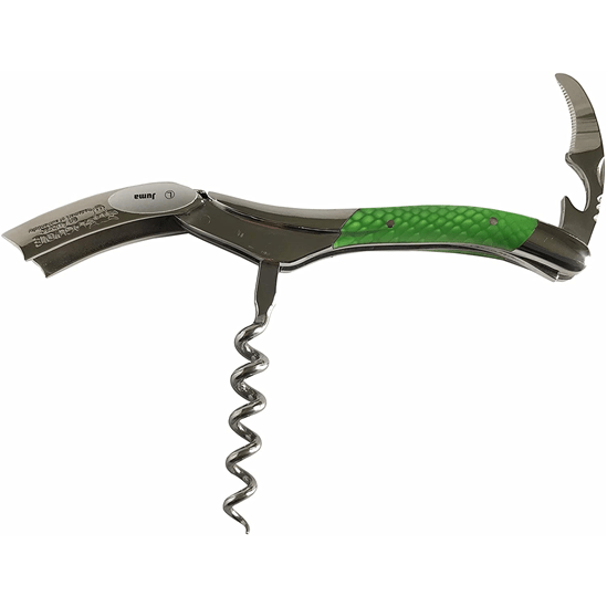 Opened corkscrew with the spiral down and foil cutter raised