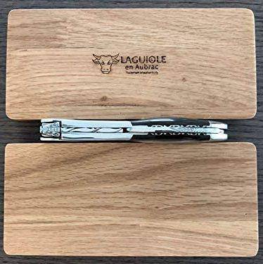 Side view of the folded corkscrew on the closed oak box