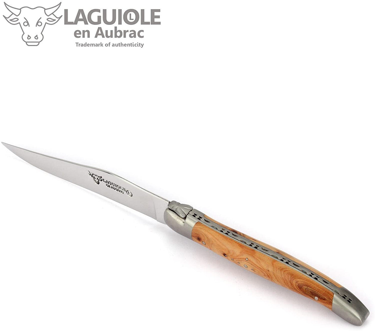 Single juniper handled steak knife beside the Laguiole en Aubrac logo