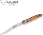 Juniper steak knife shown handle first next to the brand logo