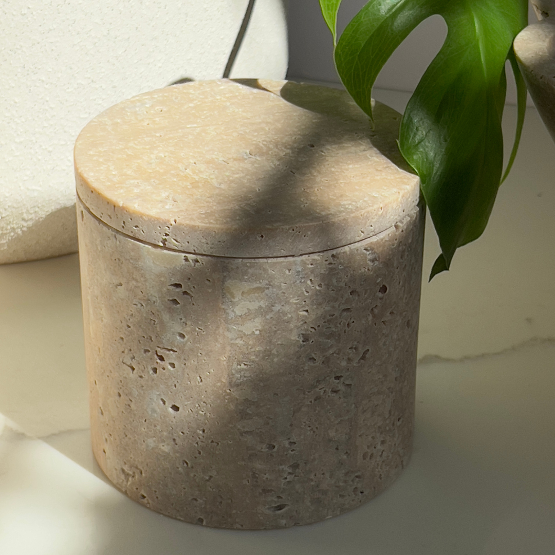 Rosalin Travertine Vessel with Lid, 3.9"D X 3.9"H