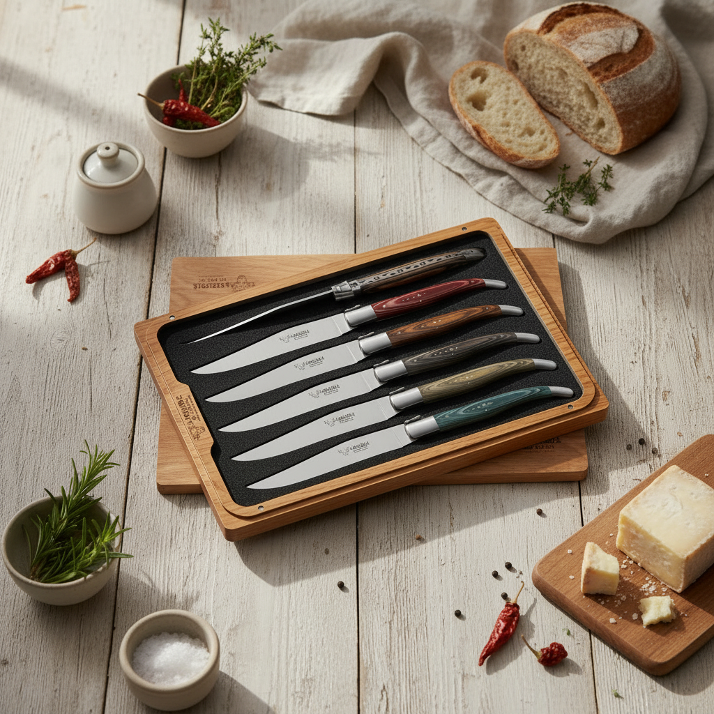 Boxed knives on a rustic table with bread, cheese and peppercorns