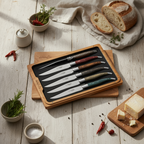 Boxed knives on a rustic table with bread, cheese and peppercorns