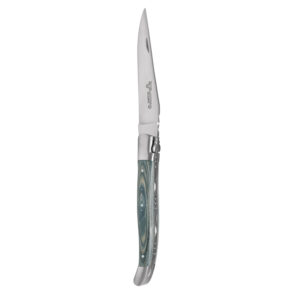 Single steak knife with a sage green pakkawood handle, standing upright