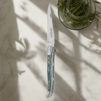 Green pakkawood knife standing on marble in soft window light