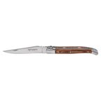 Steak knife with a warm brown layered pakkawood handle