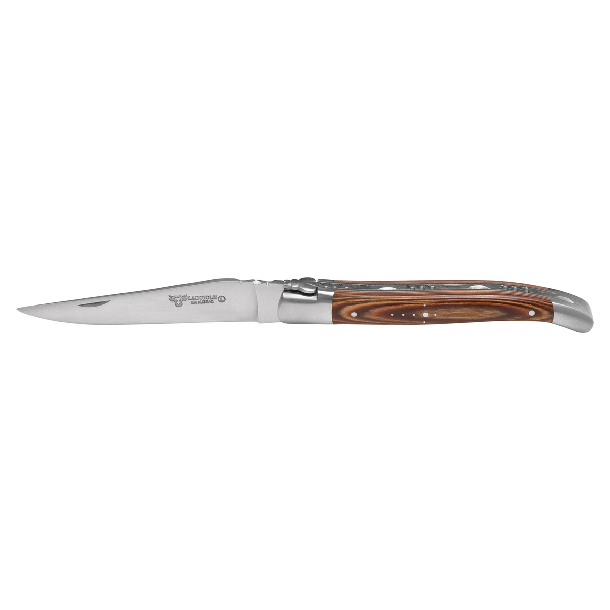 Steak knife with a warm brown layered pakkawood handle