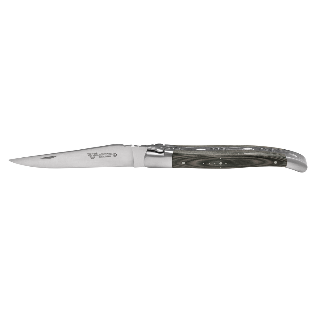Steak knife with a grey pakkawood handle