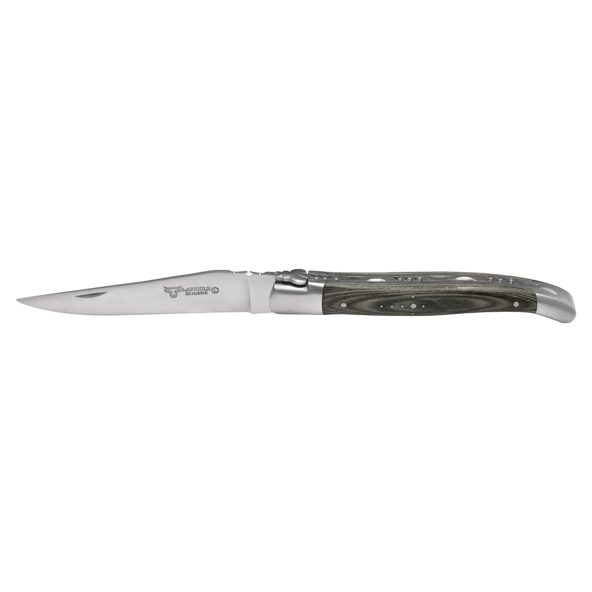 Steak knife with a grey pakkawood handle