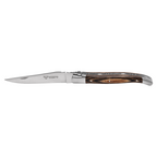 Steak knife with a dark brown pakkawood handle