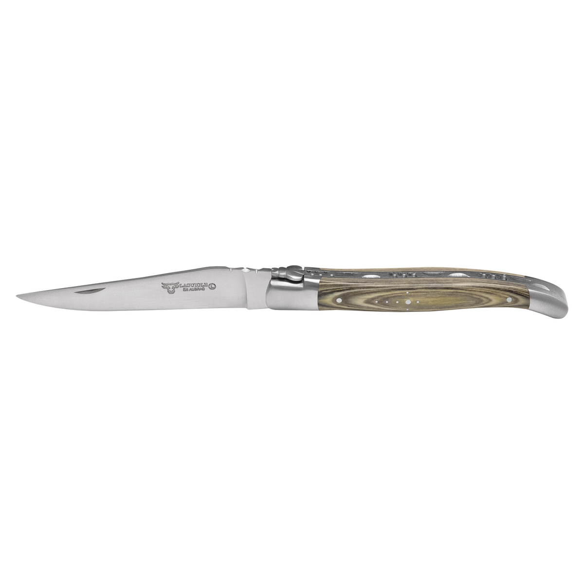 Steak knife with an olive green pakkawood handle